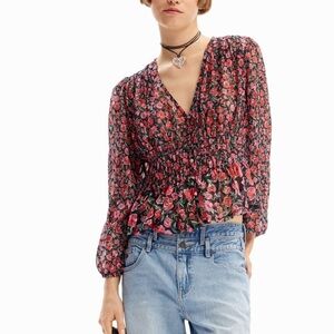 Desigual Medium Floral Plumetis Blouse Red Ruffle Feminine Peplum